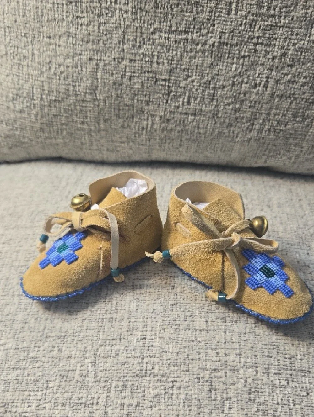 Baby Beaded Moccasins Artisan Handmade Tan with Blue Diamond Accent 4